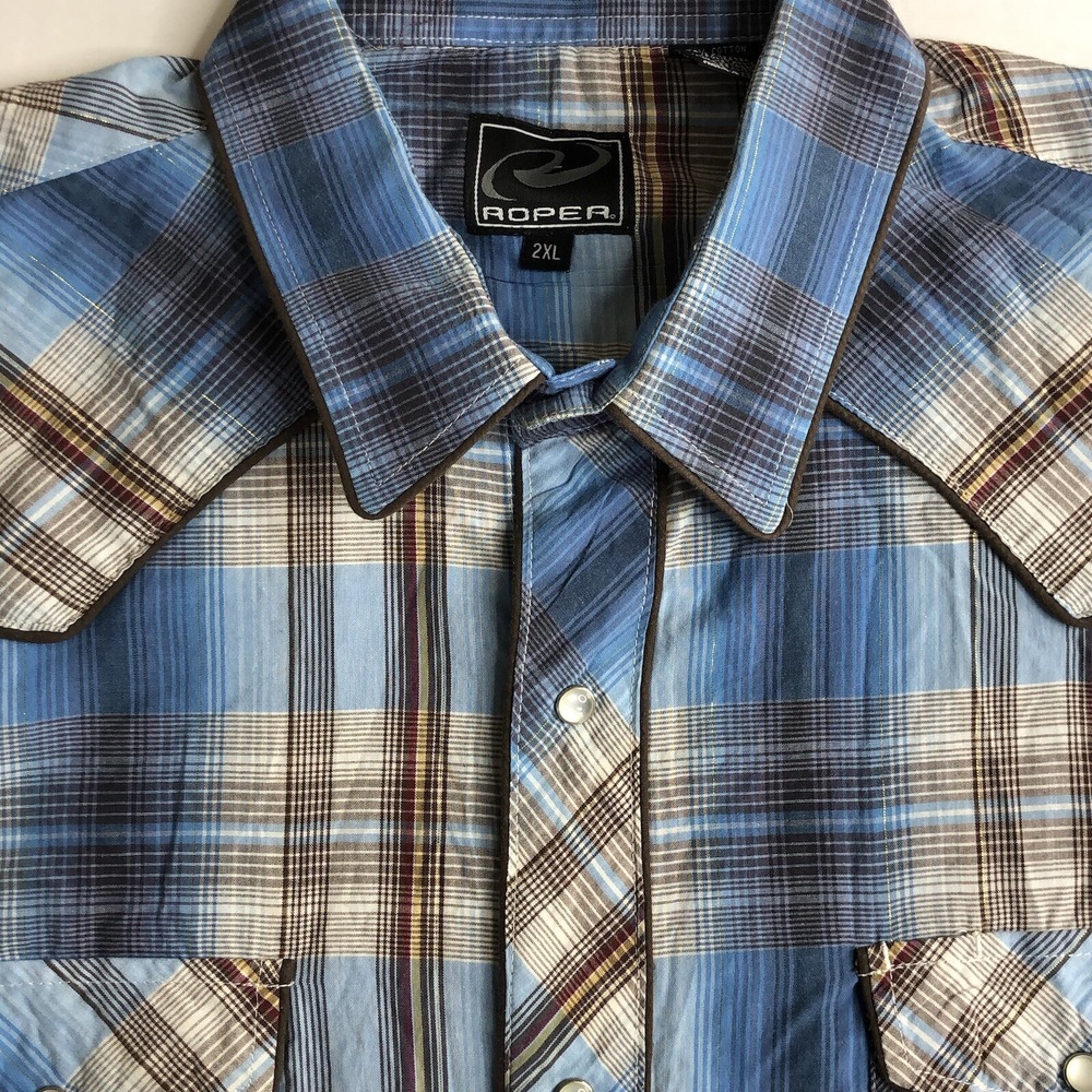 Roper Men s 2XL Blue Plaid Pearl Snap Yoke Button Up Western Long Sleeve‎ Shirt